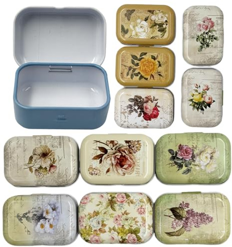 CCUUHJ 8 Pack Tins Container Rectangular Small Tin Box Metal Empty Hinged Tins Vintage Floral Pattern Basic Necessities Tins for Candies Jewelry,6X4X2.5 CM (Floral)