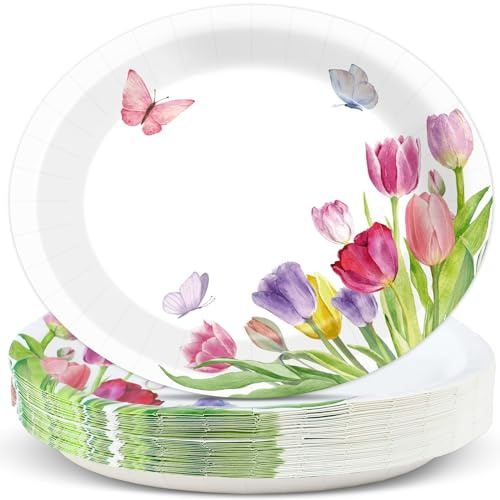 50 Count Spring Summer Tulip Oval Plates Tulip Flower Party Disposable Plates 11*9inch Tulip Theme Paper Plates Blossom Large Disposable Platter for Easter Picnic Spring Summer Party Decoration Favors
