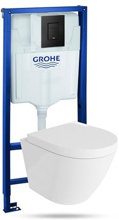 LAVITA Elemento da parete Solido + parete sospeso WC Sogo bianco senza bordi + sedile WC con abbassamento automatico nero, set completo da incasso per WC