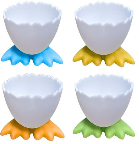 Land-Haus-Shop Eierbecher Set für gekochte Eier in lustigem bunten Design 4 Stück Kunststoff Frühstück Eierhalter Becher Ständer Egg Cup