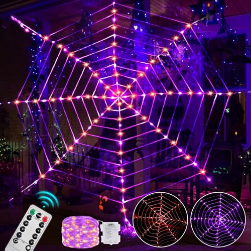 Maxee 184 LED halloween spindelnätsbelysning dekoration, 3,6 m enorm rund nätlampa, ljusslinga med fjärrkontroll (8 lägen och timer), ljusnät, dekoration för fönster, trädgård, inomhus, utomhus (lila
