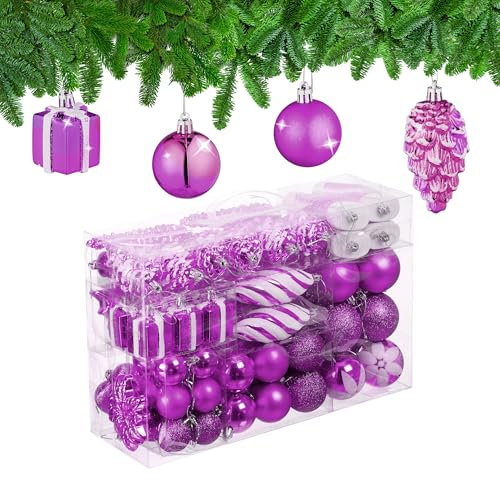 Relaxdays Set 72 Bolas Árbol Navidad, Bolitas Navideñas Brillantes, con Purpurina y Mate, Botas, Corazón, Piñas, Fucsia