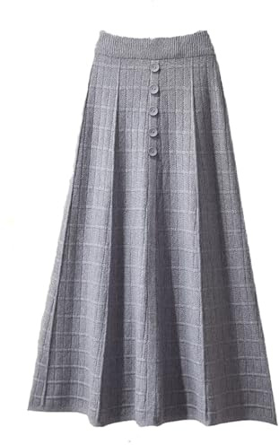 SUIUOI Jupe d'Hiver Mi-Longue Pour Femme en Laine, Midi en Jersey, Vintage Plissée, Ligne A, Élégante, Gris (3), Taille Unique