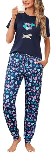 Bresdk Pyjama Femme Coton Ensembles de Pyjamas Ete Vêtements de Nuit à Manches Courtes et Bas de Pyjama Ballon Bleu S