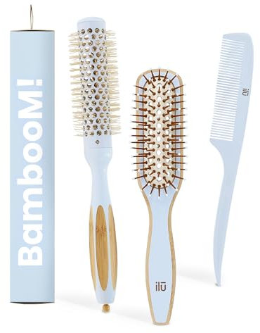 Ilū - Spazzola e Pettine in Bambù Sostenibile Per Capelli Massaggio Cuoio Capelluto Design Ergonomico Accessori Capelli Responsabili Colori Pastello Ideale Per Capelli Corti e Medi