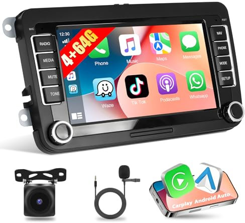 [4G+64G] Autoradio CarPlay per VW/Seat/Skoda/Passat/Golf/Polo, Apple CarPlay e Android Auto Wireless, Touch Screen HD da 7'', 2 DIN Bluetooth Radio, GPS/SWC/FM/RDS/USB + Telecamera di retromarcia,Mic