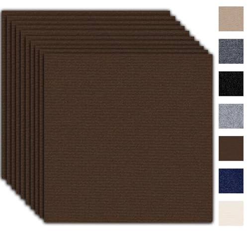Bcuuozeeing Mattplattor, självhäftande, 50 x 50 cm, set om 10 stycken, 2,5 m², med skyddande undersida, slitstark matta/golvbeläggning för lägenhet, kontor och kommersiella lokaler, mörkbruna