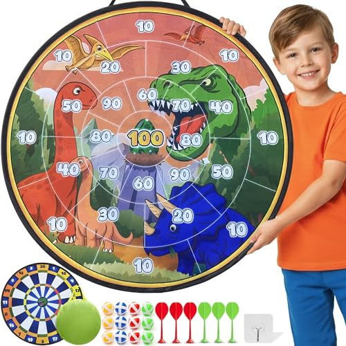 Cheerful Children Toys Diana Jumbo para Niños XL o XXL, Juego de Diana Reversible con Velcro, Set de Dardos con 12 Bolas Adhesivas y 6 Piezas de Juego, Uso Interior y Exterior (Dinosaurio-1, 73 cm)