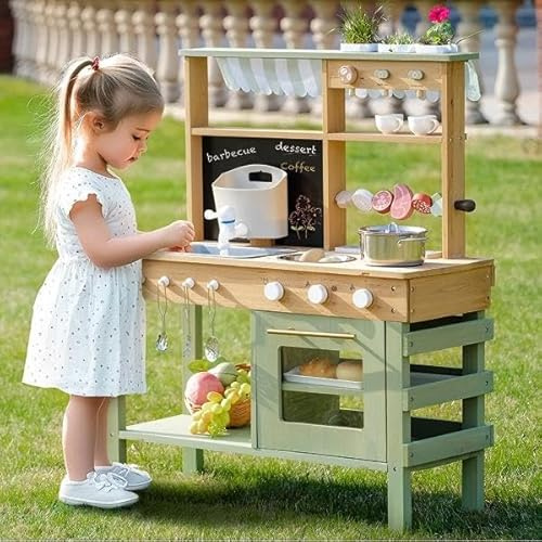 ROBOTIME Mud Kitchen Playset for Kids, Deluxe Outdoor Wooden Kitchen with Working Water Tap, Blackboard, BBQ Grill, Large Storage Space, Garden Sink and Kitchen Accessories, Pretend Play Toddler 3+