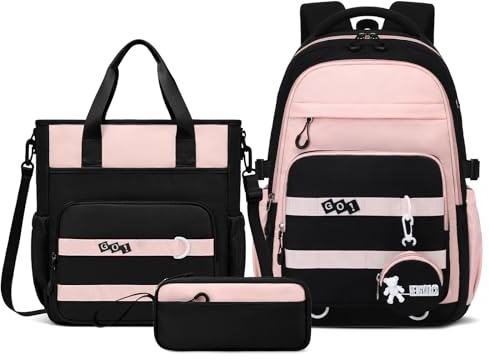 Amythe Mochila Escolar para Niñas Adolescentes 3 Piezas - Set Colegio Secundaria (Mochila Grande Chicas+Bandolera+Estuche) - Impermeable Ligera - Edad 11-18 Años -Rosa