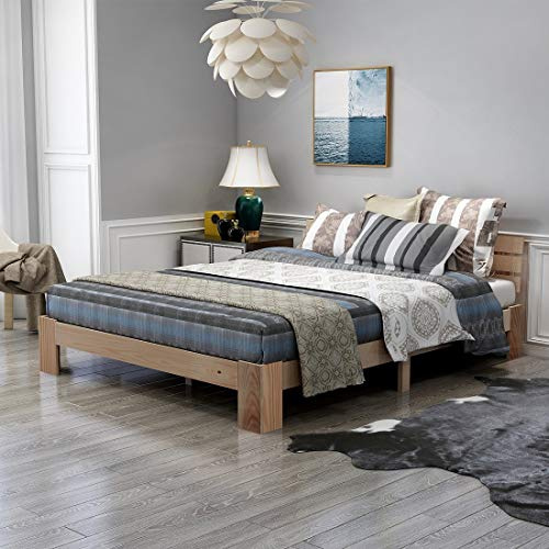 VIVCA Cama de matrimonio de madera maciza de 200 x 140 cm con cabecero y somier de láminas de pino
