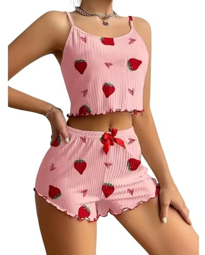 Gatamiau Pijamas Mujer Verano Corto con Estampado de Corazón Camiseta sin Mangas y Pantalones Cortos, Ropa de Dormir Sexy Conjunto de Pijama Suave y Cómodo Sleepwear Lindo (Rosa-Fresa, S)
