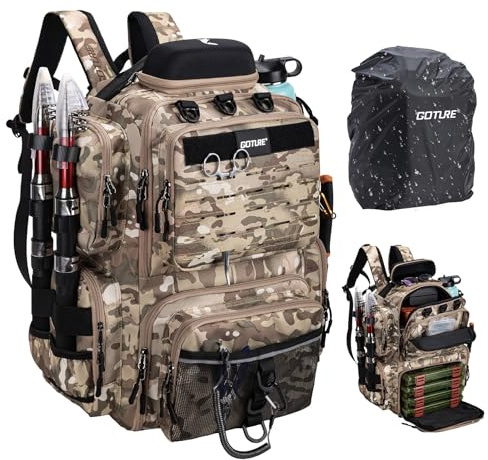 Goture Mochila de pesca con 4 cajas de cebo de pesca, mochila de accesorios de pesca de 55 litros con dos soportes para cañas y protector de lluvia, tela Oxford 900D, bolsa impermeable para aparejos