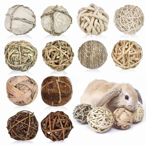 TCETCY Lot de 12 Jouets à Mâcher pour Petits Animaux Boules à Mâcher Naturelles – 6,5-7 cm – Balles Jouets à Mâcher pour Hamster, Lapin, Cochon d’Inde, Chinchilla – en Osier, Herbe, Corde
