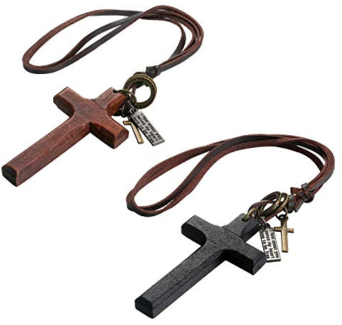 Flongo Vintage herr kors halsband: trä hängande halsband, bön löfte halsband justerbar läderkedja, perfekt present, Rostfritt stål, Inga ädelstenar
