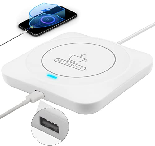 USB Coffee Mug Warmer: Candle Wax Warmer Smart Electric Cup Warmer Charge for Phone Home Desk Office Use Beverage Heating Plate with Gravity Switch for Hot Cocoa Milk Tea Water White