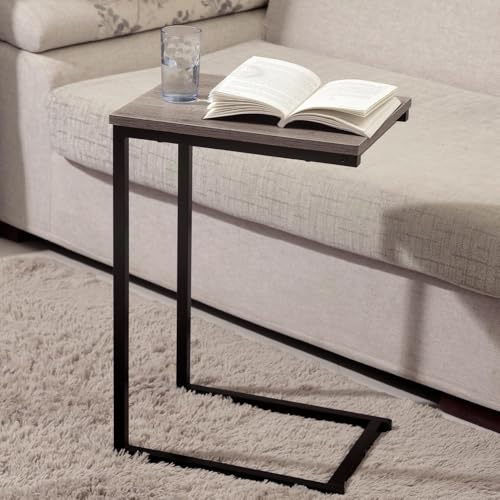 House of Home C Shaped Coffee Table Brown Wood Effect Top - Metal Frame Bedside Table for Bedrooms, Kitchens, Lounges - Industrial Home Furniture Accessories - 30cm x 51cm x 60cm