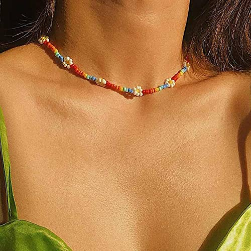 Carufin bohemisk färgglad blomma pärlhalsband tusensköna regnbåge pärlhalsband kort solros halsband strandsmycken för kvinnor och flickor