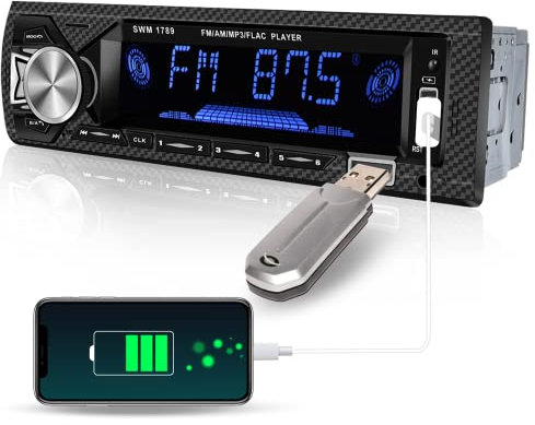 Hikity Radio Coche 1 DIN Autoradio Bluetooth Manos Libres Conexión Dual Bluetooth Reproductor de MP3 4 x 60W, Radio de Coche de 1 DIN con Dos Puertos USB FM/SD/AUX 7 Luces de Colores