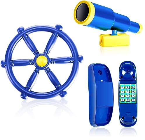 3 Pcs Playground Accessories for Kids Outdoor Swing Set Accessories Playground Equipment Pirate Plastic Ship Wheel Toy Telescope Telephone Backyard Outdoor Playhouse Climbing Equipment (Blue)