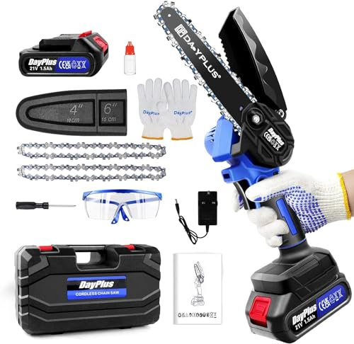 Motosierra eléctrica súper potente y sierra afiladora de batería, herramienta de jardín con una batería de iones de litio y 2 cadenas, 2200 W, longitud de la placa guía de 6 pulgadas