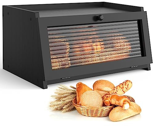 LOHASOK Bread Box for Kitchen Countertop Large Bread Box Farmhouse Bread Container Bread Storage with Window Bread Holder Black