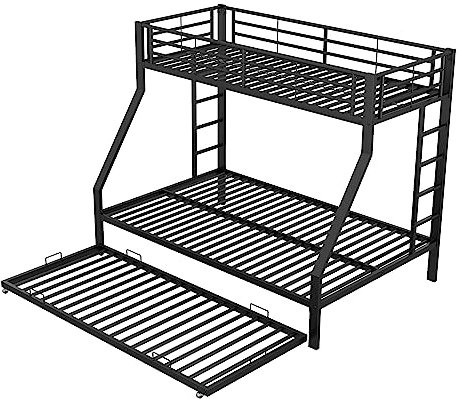 Azkoeesy Etagenbett mit Ausziehbett, 140 x 200 und 90 x 200 cm, Metall Gästebett Doppelbett für 4 Erwachsene, Jugendliche und Kinder, schwarz