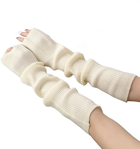 OTKARXUS Women Long Fingerless Gloves,1Pair Knit Long Sleeve Arm Warmers,Winter Warner Elbow Length Mittens with Thumb Hole for Ladies Women Girls (White)