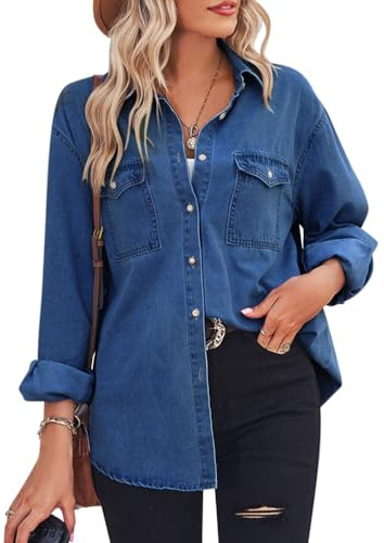 Minetom Chemisier en Jean Femme Denim Manches Longues Shirt Chemise Blouse Tops Décontracté Boutons Tunique Hauts B Bleu XL
