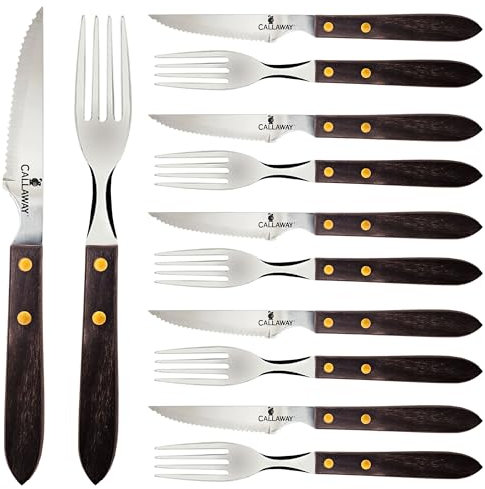 briebe Juego de Cubiertos Mango Madera Acero Inoxidable, Cuchillos Carne Mesa, Hoja Sierra, Tenedores, Set 12 Piezas, 6 Personas, Apto Lavavajillas, Hogar, Camping, Hoteles