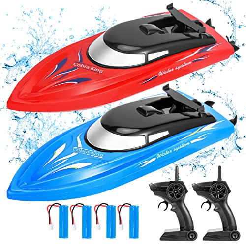 2-Pack 10 km/h 2.4GHz RC Boat for Pools and Lakes - Remote Control Boats for Kids and Adults, Includes 4 Rechargeable Batteries - Ideal for Boys and Girls-blue+red