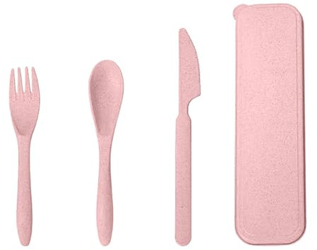 FUZVOL Cutlery Set Reusable Knife Fork Spoon Set with Case Portable Travel Utensils Eco-Friendly Flatware Set 3PCS Service for Outdoor Picnic Camping Pink