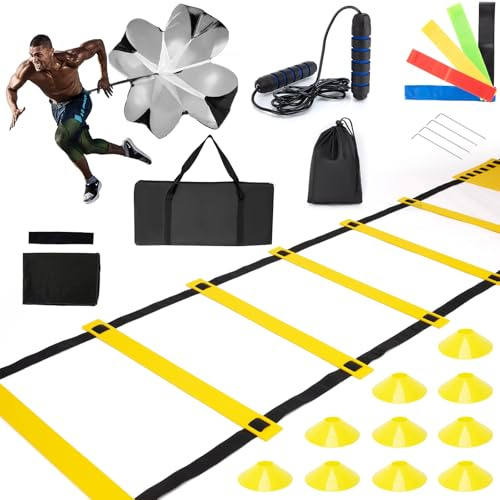 9TH SHOP Speed Ladder Agility Ladder, Football Training Equipment Set-20feet 12 Rungs Speed Ladder,10 Disc Cones, Resistance Parachute, Jump Rope, 4 Resistance Bands