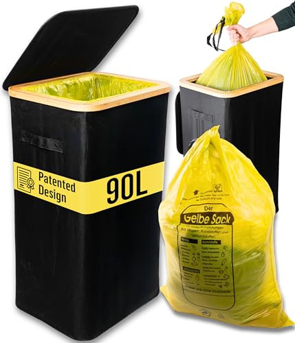 Deco haus® Support pour Sacs Jaune 90L [avec Sac supplémentaire] - Poubelle pour Sacs avec Couvercle - Système de Poubelle pour la Cuisine et la Maison - Déchets et Recyclage - Noir