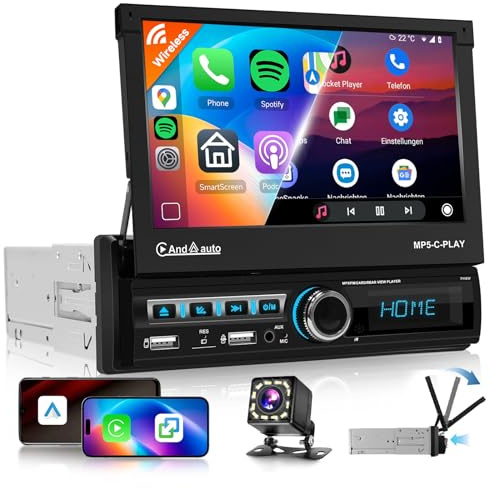 VECHTEL Radio para Coche 1 DIN Carplay Android Auto Inalámbrico con Pantalla retráctil eléctrica 7“,Radio FM 1 DIN con Bluetooth,GPS/Navegación,Mirror Link 2 USB/AUX/SD con cámara de visión Trasera