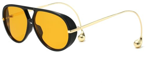 YAMEIZE Rétro Lunettes de Soleil Pilote pour Femmes Hommes Rondes 70s Double Pont avec Boucle D'oreille Vintage Grande Cadre Lunettes UV400