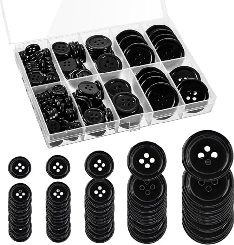 130 botones negros, 4 agujeros, redondos, con caja de almacenamiento, botones para vestidos, abrigos, camisas y decoración DIY