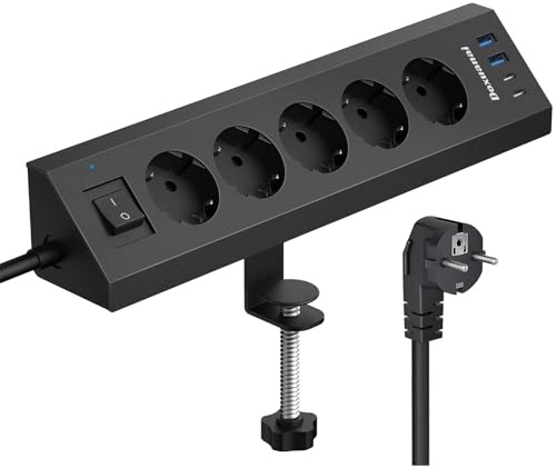 Tischsteckdose mit USB C & Tischklemme, 3680W/16A Steckdosenleiste Schreibtisch, 5 Fach Mehrfachsteckdose 4 USB mit Schalter 2M Kabel, C klemme, Überspannungsschutz für Zuhause Büro Tisch