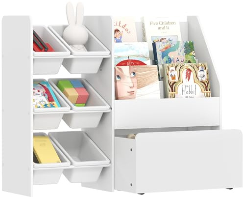 AIYAPLAY Estantería Infantil para Juguetes, con 6 Cajas Extraíbles, 3 Estantes Abiertos y Cajón Inferior con Ruedas, Organizador de Juguetes para Dormitorio, Sala de Juegos, Guardería, Blanco