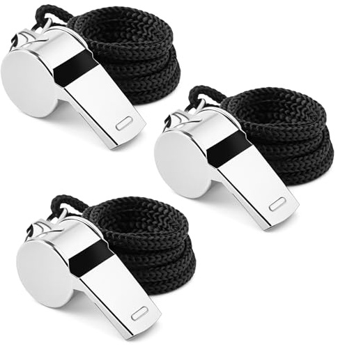 AYESY Silbato de Acero Inoxidable, 3 Piezas Silbato de Entrenador de Metal con 46cm Cordón, Silbatos de Sonido Fuerte y Nítido para árbitros, Entrenadores, Salvavidas,fútbol, Baloncesto