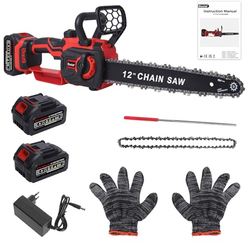 Bostar Motosega a Batteria 12 Pollici, 1300W Motore Brushless (Senza Spazzole), 2 Batterie 4.0Ah, Elettrosega da Potatura con Lubrificazione Automatica per Taglio Legna e Giardino (Compatibile Makita)