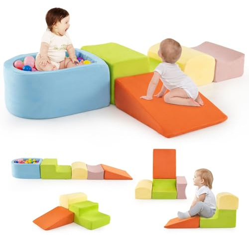 COSTWAY Set di 5 Pezzi Gioco in Schiuma, Blocchi con Piscina di Palline per Bambini, Coperture Lavabili con Cerniere, Blocchi Creativi per Stanza di Giocattoli, Camera da Letto (Colorato)