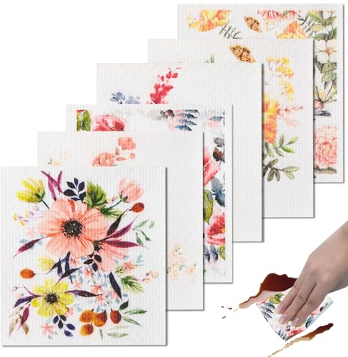 BSITSSS 6PCS Paños Suecos para Cocina, Paño de Cocina con Diseño de Flores, Toallas Suecas Superabsorbentes Multiusos, Paños de Cocina Suecos para Cocina, Toallas de Papel Reutilizables