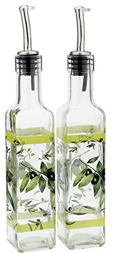 CEDAR HOME Olive Oil Bottle Set Glass Dispenser Vinegar Cruet 17oz. with Stainless Steel Leak Proof Pourer Spout for Cooking or Salad Dressing, Green, 2 Packs