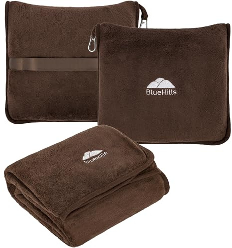 BlueHills Premium Soft Travel Blanket Pillow Airplane Blanket Soft Bag Pillow case with Hand Luggage Belt and Backpack Clip Compact Pack Large Portable Throw Air Plane Flight Travel (Brown T009)