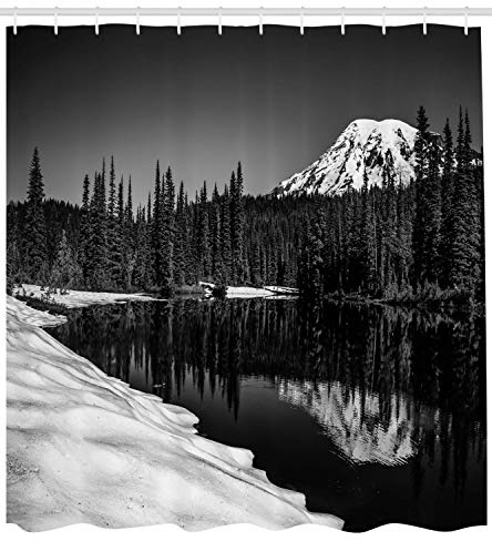 Ambesonne Mt Rainier Shower Curtain, Snowy Winter Reflecting in Mountain Pond Monochrome Photo, Cloth Fabric Bathroom Decor Set with Hooks, 69 W x 70 L, Charcoal Grey Dark Grey