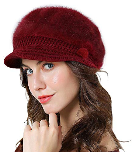 Genfien Dam newsboy mössa tjock fleecefodrad vinter stickad vintage visir chic hatt lätt vinter, Röd, one size