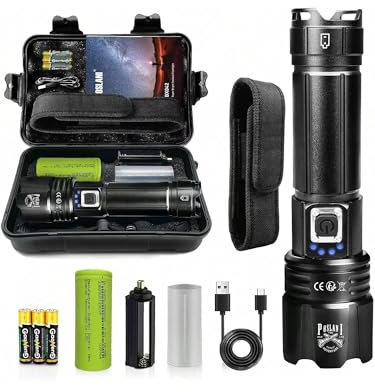 XHP70.2 Superhelle Taschenlampe mit 600000 Lumen, Wasserdicht nach IPX67, Wiederaufladbare C-Type-Zoom mit 5 Leuchtvarianten (1 x 5000 mAh Akku und 3 x AAA-Batterien)