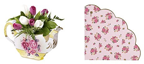 Talking Tables Tea Party Floral Vintage Teapot Vase Decoration for Mother's Day & TS5-SCALNAPKIN Pack of 20 (33cm) Floral Napkins for Afternoon Tea | Birthday Party | Baby Shower, Pink, 13 x 13