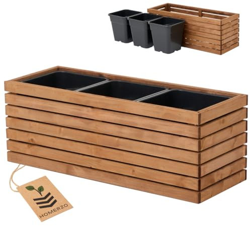 Blumenkasten Holz für Garten Balkon Terrasse Hochbeet Blumentopf XXL Pflanzkübel Groß Außen mit 18L Kunststoff-Pflanzeneinsatz Pflanzkasten Outdoor Braun (98x36 h35)